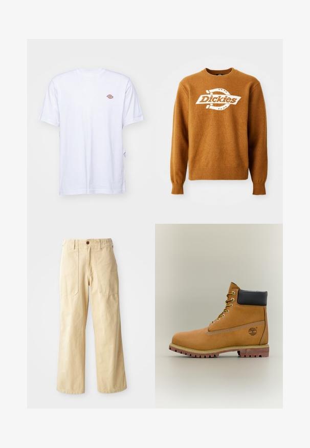 Καφέ πλεκτό πουλόβερ με λευκό λογότυπο "Dickies" μπροστά. Κλασική στρογγυλή λαιμόκοψη και ριμπ μανίκια και στρίφωμα. Μαλακή υφή.; Λευκό βαμβακερό μπλουζάκι με V-λαιμό και κοντά μανίκια. Διαθέτει ένα μικρό πολύχρωμο κεντημένο λογότυπο στο αριστερό στήθος. Μαλακή υφή.; Φαίδρες παντελόνες σε μπεζ από βαμβάκι. Διαθέτουν ψηλή μέση, δύο μπροστινές τσέπες με επίπεδο σχέδιο και κλείσιμο με ένα κουμπί.; Καφέ δερμάτινο μποτάκι αστραγάλου με μαύρο γιακά, κίτρινα κορδόνια και ταμπά σόλα. Διαθέτει λογότυπο και λευκή ραφή για λεπτομέρεια. Ανθεκτική εξωτερική σόλα με τραχύ πέλμα.