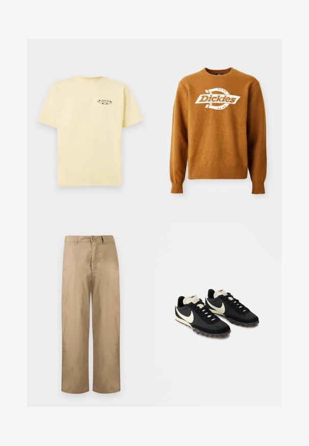 Hnedý pletený sveter s bielym logom "Dickies" na prednej strane. Klasický okrúhly výstrih a rebrované manžety a spodný lem. Mäkká štruktúra.; Žlté bavlnené tričko s krátkymi rukávmi a okrúhlym výstrihom, s potlačeným grafickým logom na ľavej hrudi.; Béžové nohavice rovného strihu s pútkami na opasok, zapínaním na gombík a zipsom, zobrazené na jednoduchom svetlom pozadí.; Čierne športové topánky s textúrovaným zvrškom, bielym logom Swoosh a gumovou podrážkou s malými hrotmi pre lepšiu trakciu. Krémový golier.