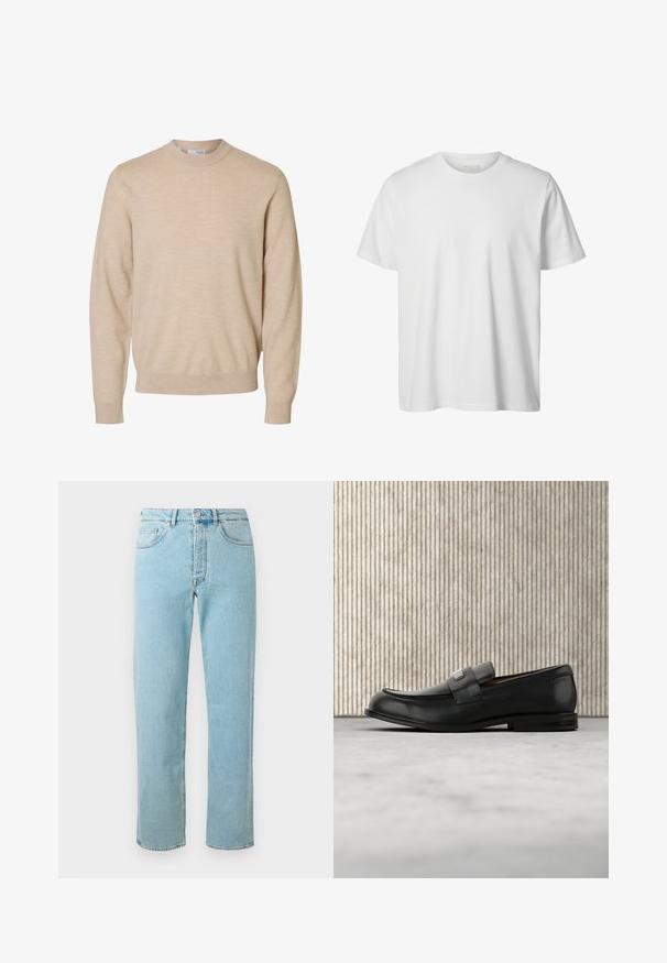 Beiger Langarmpullover mit Rundhalsausschnitt aus weichem Strickstoff, mit gerippten Bündchen und Saum, für Herren entworfen.; Schlichtes weißes T-Shirt mit kurzen Ärmeln und Rundhalsausschnitt, lässiger Passform und ohne sichtbare Logos oder Designs auf der Vorderseite.; Helle blaue Jeans aus Denim mit geradem Schnitt, fünf Taschen, einem Reißverschluss und einem dezenten Verblassen des Stoffes.; Schwarzer Lederloafer mit einer Metallmarkenplatte, der nahe einem braunen runden Tisch auf beigem Teppichboden ruht.