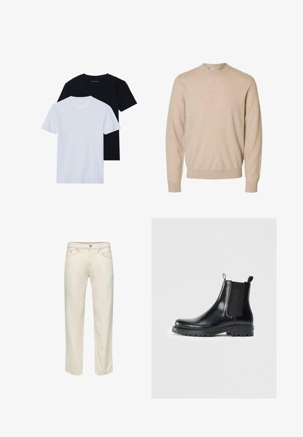 Beige langærmet rundhalset sweater lavet af blødt strikstof, med ribstrikkede manchetter og kant, designet til mænd.; To kortærmede t-shirts med rund hals, en sort og en hvid, lavet af blødt bomuldsstof med ribbet struktur. Klassisk pasform design.; Cremefarvede denimjeans med lige ben, fem lommer og kontrastfarvet metalknaplukning. Let struktureret stof.; Sorte læder Chelsea støvler med elastiske sidepaneler, en løkke for nem påtagning, og en robust gummisål med struktureret greb.