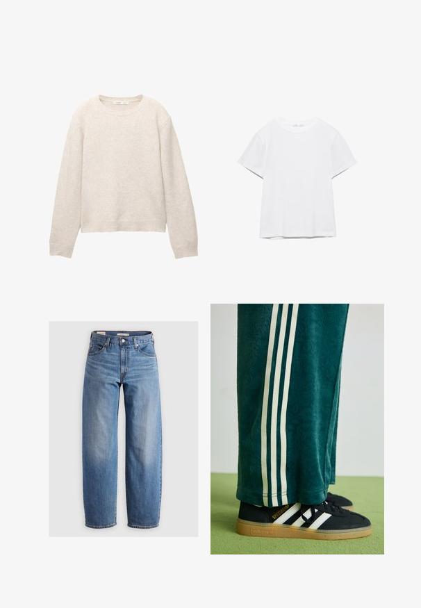 Beige strikket rundhalset sweater med lange ærmer og ribbede manchetter og kant, lagt fladt på en hvid baggrund.; Hvid, kortærmet T-shirt med rund hals og lige kant, vist på en hvid baggrund.; Lysblå lige ben jeans lavet af denim. Har et klassisk fem-lomme design og subtile falmede områder langs benene.; Grønne teksturerede bukser med hvide sidelince, parret med sorte Adidas sneakers med tre hvide striber og en gummisål.