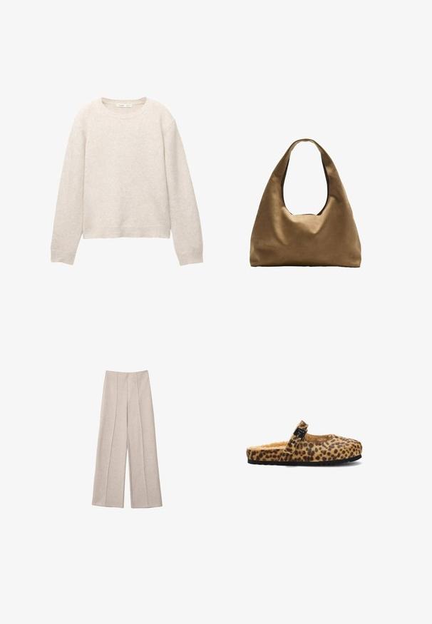 Beige strikket rundhalset sweater med lange ærmer og ribbede manchetter og kant, lagt fladt på en hvid baggrund.; Beige vide bukser lavet af et blødt stof, med markante for-pletter og en skræddersyet høj talje design, uden synlige lommer.; Leopardmønstret slingback tøfler med en fuzzy inderside, en rund tå og en dekorativ sort spænde. Sort gummisål med tekstur.; Brun stof skuldertaske med en bred, rundet krop og et stort udsnit håndtag. Blød tekstur, minimalistisk design og ingen synlig hardware.