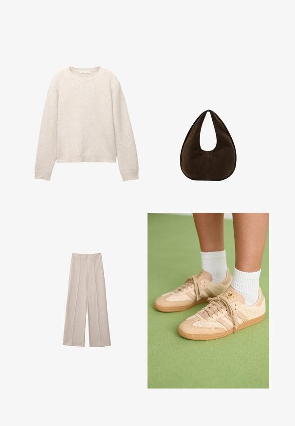 Beige strikket rundhalset sweater med lange ærmer og ribbede manchetter og kant, lagt fladt på en hvid baggrund.; Beige vide bukser lavet af et blødt stof, med markante for-pletter og en skræddersyet høj talje design, uden synlige lommer.; Fødder iført beige vævede Adidas sneakers med gummisåler og hvide ankelsokker på en grøn struktureret gulv.; Mørkebrun ruskind skuldertaske formet som en halvmåne med en bred rem og glat tekstur på en hvid baggrund.