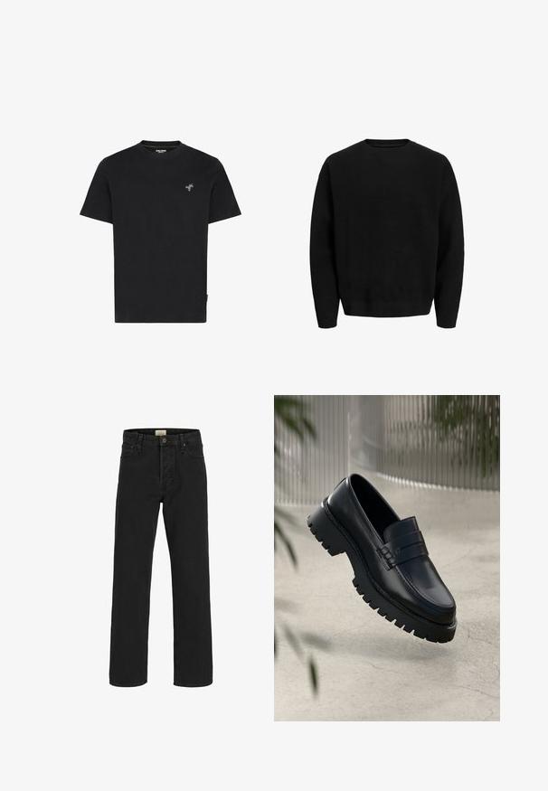 Sort crewneck sweatshirt med lange ærmer, lavet af et blødt, tekstureret materiale. Har en afslappet pasform og ribbede manchetter og kant.; Sort bomulds T-shirt med rund hals og korte ærmer, med en lille broderet grøn palmetræ på venstre bryst.; Sorte denim jeans med lige ben, fem lommer, knaplukning og bæltestropper, vist forfra mod en hvid baggrund.; Sorte læder loafers med en chunky sål, der har en dekorativ rem og syninger. Glat tekstur med en poleret overflade.