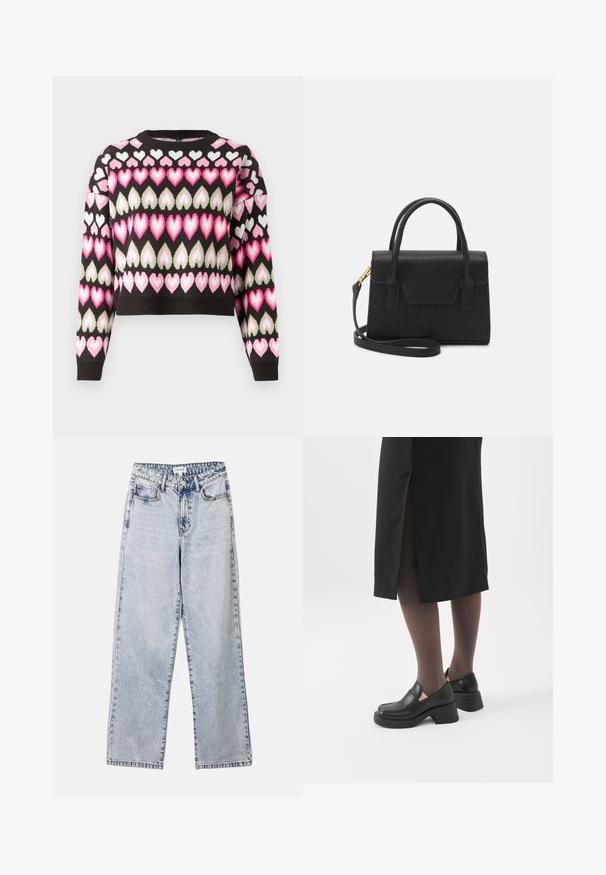 Schwarzer, verkürzter Pullover mit einem bunten Herzmuster in Pink und Grün. Strickstruktur und gerippte Bündchen vorhanden. Runder Ausschnitt.; Helle blaue Straight-Leg-Jeans aus Denim, ausgestattet mit zwei vorderen Taschen, einem Knopfverschluss und kontrastierenden Nähten entlang der Säume.; Frau trägt schwarze Loafers mit klobigem Absatz, schwarze transparente Strumpfhosen und einen schwarzen Rock mit Schlitz hinten vor weißem Hintergrund.; Schwarze strukturierte Handtasche aus Leder mit einem oberen Tragegriff, abnehmbarem Schulterriemen und einer Klappe auf der Vorderseite. Akzente in Goldmetall.