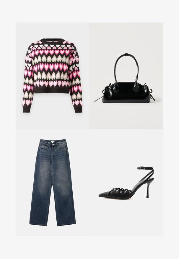 Schwarzer, verkürzter Pullover mit einem bunten Herzmuster in Pink und Grün. Strickstruktur und gerippte Bündchen vorhanden. Runder Ausschnitt.; Herrenhohe-taillierte blaue Jeans aus Denim mit weitem Bein, vorderem Knopf und Reißverschluss sowie Vorder- und Gesäßtaschen.; Schwarzer, spitzer High-Heel-Schuh mit geschwungenen Kanten, Metallösen, Schnürung vorne und Knöchelriemen mit Schnallverschluss.; Kleine schwarze glänzende Handtasche mit zwei langen Griffen und seitlichen Kordelzug-Details vor einfachem hellem Hintergrund.