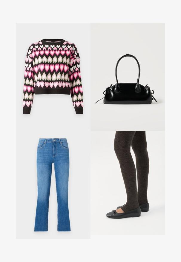 Pull court noir avec un motif de cœurs colorés en rose et vert. Texture tricotée et poignets côtelés. Col rond.; Jeans en denim bleu avec une jambe évasée, dotés d'une taille mi-haute, de cinq poches et d'une fermeture à bouton argent classique. Texture lisse.; Jambes portant des leggings côtelés foncés associés à des ballerines noires avec de petits détails en nœud sur fond blanc.; Petit sac à main noir brillant avec deux longues anses et des détails à cordon sur les côtés sur un fond clair uni.