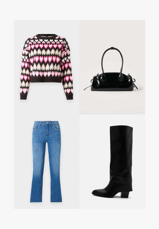 Schwarzer, verkürzter Pullover mit einem bunten Herzmuster in Pink und Grün. Strickstruktur und gerippte Bündchen vorhanden. Runder Ausschnitt.; Blaue Jeans aus Denim mit ausgestelltem Bein, featuring eine mittlere Taille, fünf Taschen und einem klassischen silbernen Knopfverschluss. Glatte Textur.; Hoher schwarzer Lederstiefel mit schräger Naht, spitzer Spitze und klobigem mittelhohem Absatz auf weißem Hintergrund.; Kleine schwarze glänzende Handtasche mit zwei langen Griffen und seitlichen Kordelzug-Details vor einfachem hellem Hintergrund.
