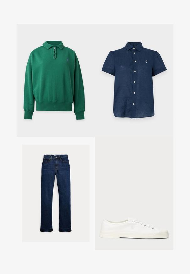 Pull vert à manches longues avec demi-fermeture éclair et col, avec un petit logo brodé violet sur la poitrine gauche.; Chemise bleu marine à manches courtes avec boutons, col et logo blanc brodé sur la poitrine gauche.; Jean droit en denim bleu foncé avec bouton et fermeture éclair à l'avant, design à cinq poches et coutures visibles.; Sneaker en toile blanche avec un bout rond, fermeture lacée et un détail de logo discret. Caractéristiques d'un tissu texturé et d'une semelle en caoutchouc.
