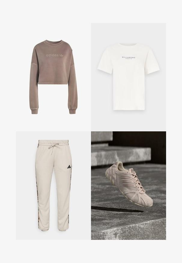 Zkrátená mikina z jemného taupe materiálu. Má okrúhly výstrih, dlhé rukávy a embosované logo "adidas" na prednej strane. Hladká textura.; Biele bavlnené tričko s krátkymi rukávmi a okrúhlym výstrihom, na hrudi uprostred modrý nápis „BILLABONG SINCE 73“. Mäkká, hladká textúra.; Svetlobéžové tepláky vyrobené z mäkkej tkaniny, s pásom na šnúrku a čiernymi bočnými panelmi s leopardím vzorom.; Svetloružová teniska Adidas s hornou časťou z oka, tromi pruhmi na boku, zaväzovanie na šnúrky, zavesená nad textúrovanými betónovými schodmi.