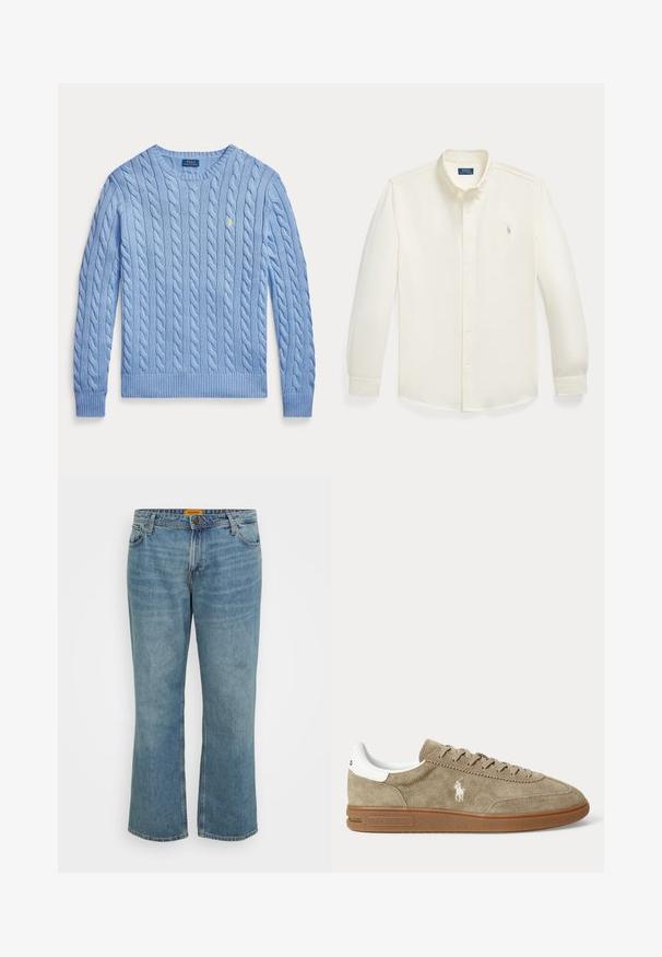 Lyseblå kabelstrikket rundhalset sweater med lange ærmer og lille gul broderet Polo Ralph Lauren-logo på brystet.; Hvid skjorte med lange ærmer og knapper, med krave og lille broderet logo på venstre bryst fra Polo Ralph Lauren.; Lyseblå denim jeans med lige ben, fem lommer, synlig syning og lynlås. Mærket er gult på indersiden af taljebåndet.; Beige lavskoet ruskindesneaker med brun sål, hvid hældetalje, snørebånd og en hvid broderet polospillerlogo på siden.