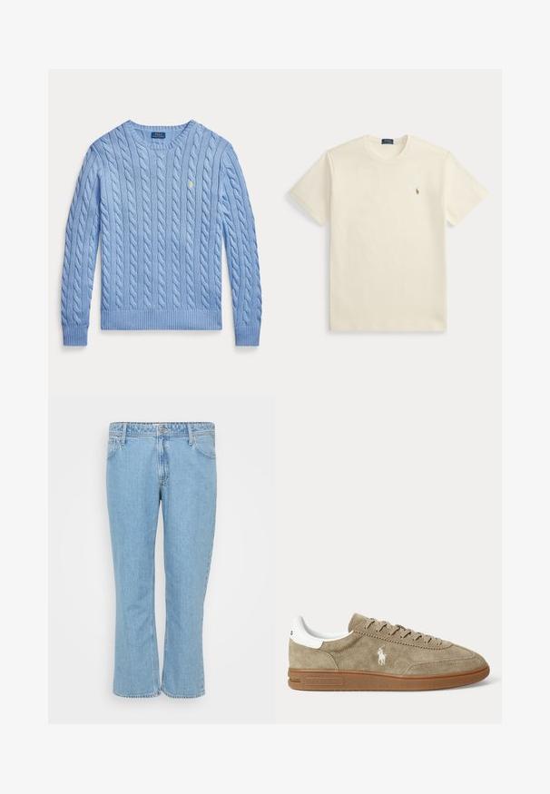 Lyseblå kabelstrikket rundhalset sweater med lange ærmer og lille gul broderet Polo Ralph Lauren-logo på brystet.; Kremfarvet Polo Ralph Lauren t-shirt med korte ærmer, rund halsudskæring og lille broderet logo på venstre bryst.; Lyseblå denim jeans med lige ben-design, der har en fem-lomme stil og en knaplukning i taljen.; Beige lavskoet ruskindesneaker med brun sål, hvid hældetalje, snørebånd og en hvid broderet polospillerlogo på siden.