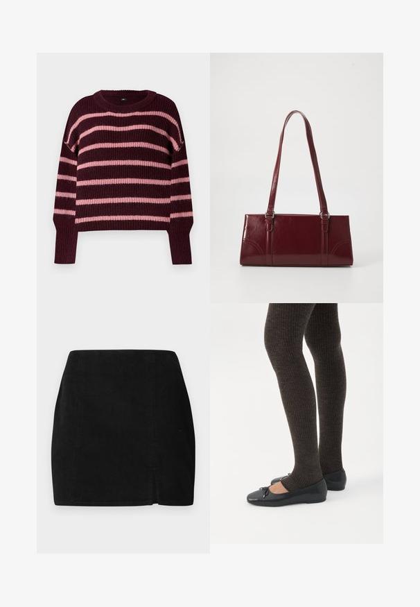 Burgunderfarvet sweater med vandrette lyserøde striber. Strikket struktur, rund halsudskæring og ribbede manchetter. Drop-skulder. Kasseformet design.; Sort kordfløjlskørt med lige snit, en lille frontslids og tekstureret stof. Ingen synlige detaljer eller hardware.; Ben iført mørke ribbede leggings kombineret med sorte balletsko med små sløjfedetaljer på hvid baggrund.; Bordeaux håndtaske lavet af glansfuldt materiale, rektangulær form, med to skulderremme og subtile buede detaljer på forsiden.