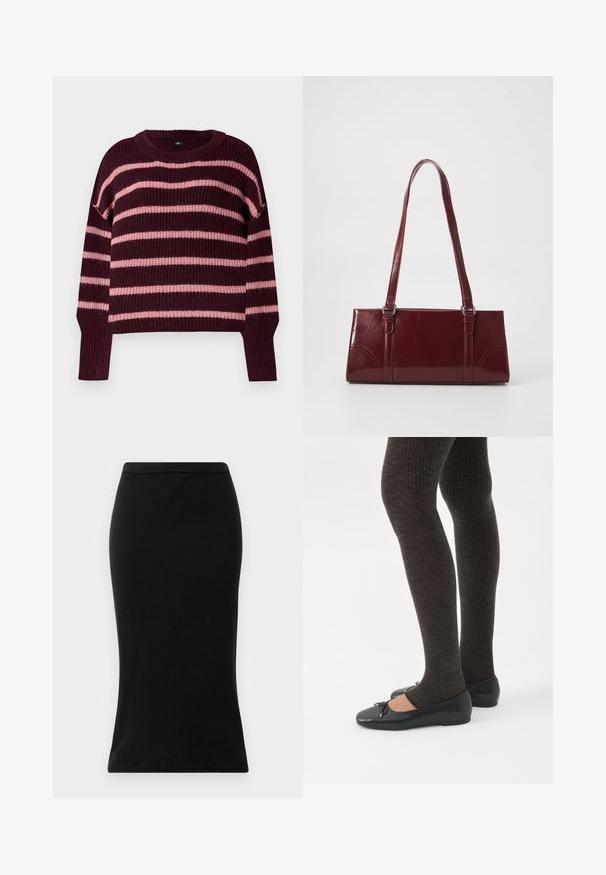 Burgunderfarvet sweater med vandrette lyserøde striber. Strikket struktur, rund halsudskæring og ribbede manchetter. Drop-skulder. Kasseformet design.; Sorte højtaljede blyantskirt lavet af glat stof, med en tætsiddende silhuet og en ren, strømlinet kant uden dekorationer.; Ben iført mørke ribbede leggings kombineret med sorte balletsko med små sløjfedetaljer på hvid baggrund.; Bordeaux håndtaske lavet af glansfuldt materiale, rektangulær form, med to skulderremme og subtile buede detaljer på forsiden.