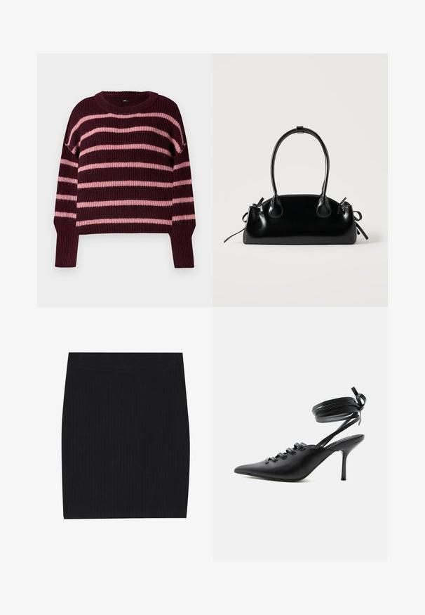 Burgunderfarvet sweater med vandrette lyserøde striber. Strikket struktur, rund halsudskæring og ribbede manchetter. Drop-skulder. Kasseformet design.; Sort ribbet strikket mini nederdel med et tætsiddende design, glat tekstur og en elastisk talje for komfort.; Sort spids sko med høje hæle, snørelukning foran og omlægning omkring anklerne bundet med sløjfe, vist fra siden på hvid baggrund.; Lille sort blank håndtaske med to lange håndtag og snøre-detaljer i siden på en ensfarvet lys baggrund.