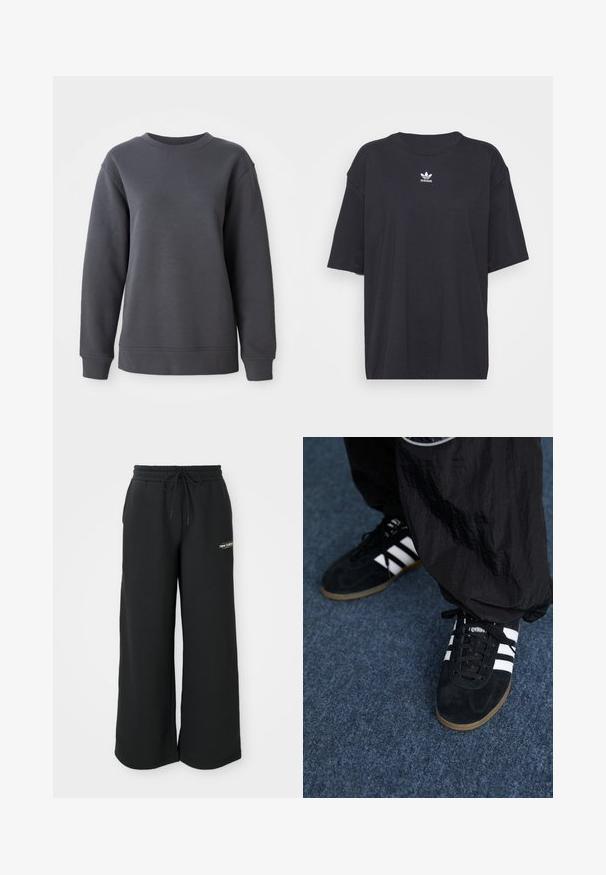 Grijze sweatshirt van textuurstof, met een ronde hals, lange mouwen en ribgebreide manchetten en zoom, met een relaxte pasvorm.; Zwarte katoenen T-shirt met korte mouwen, ronde halslijn, voorzien van een wit Adidas-logo op de borst. Eenvoudig ontwerp, comfortabele pasvorm.; Zwarte sweatpants met wijde pijpen, gemaakt van zachte stof. Ze hebben een elastische tailleband met een trekkoord en een klein logo aan de linkerkant.; Zwarte suède sportschoenen met drie witte strepen en zwarte veters. Een gestructureerde zwarte broek is deels zichtbaar naast de schoenen.