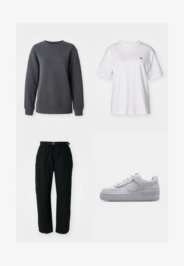 Sweatshirt gris en tissu texturé, avec un col ras du cou, des manches longues, et des poignets et un ourlet côtelés, offrant une coupe décontractée.; T-shirt en coton blanc avec une coupe décontractée, des manches courtes et un petit logo brodé sur la poitrine gauche.; Pantalons légers noirs avec une taille élastique et une ceinture ajustable. Dotés de jambes fuselées et de panneaux de genoux renforcés pour plus de durabilité.; Basket en cuir lisse gris Nike Air Force 1 avec un bout perforé, une semelle épaisse et un détail 'AIR' en relief sur le talon.