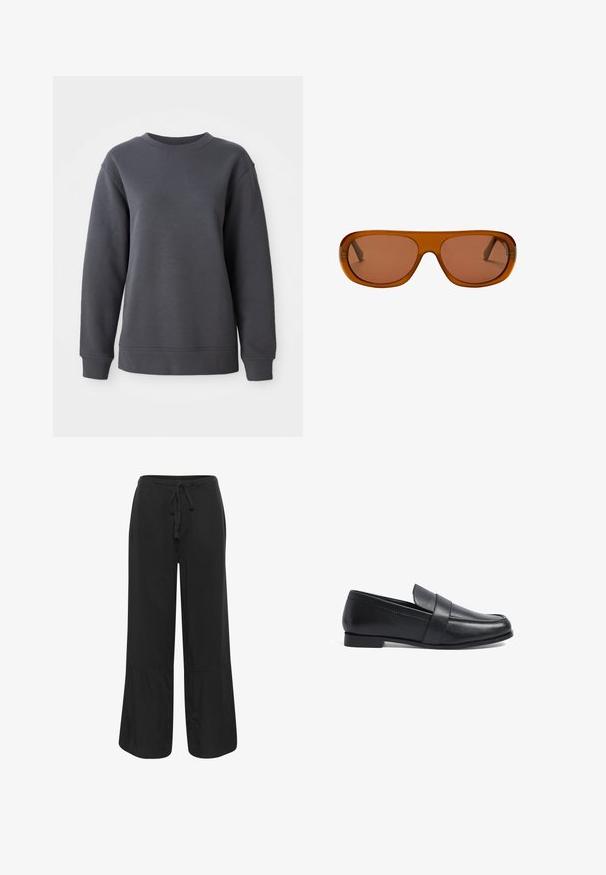 Grå sweatshirt lavet af tekstureret stof, med rund hals, lange ærmer og ribbede manchetter og kant, i en afslappet pasform.; Culture CUNAVI CLARINA - Bukser - black; Sorte læder loafers med en lav hæl, der har en syet overdel og en dekorativ rem hen over vristen. Glat tekstur, klassisk design.; Brune oversized rektangulære solbriller med tykke stel og matchende tonede linser vist mod en hvid baggrund.