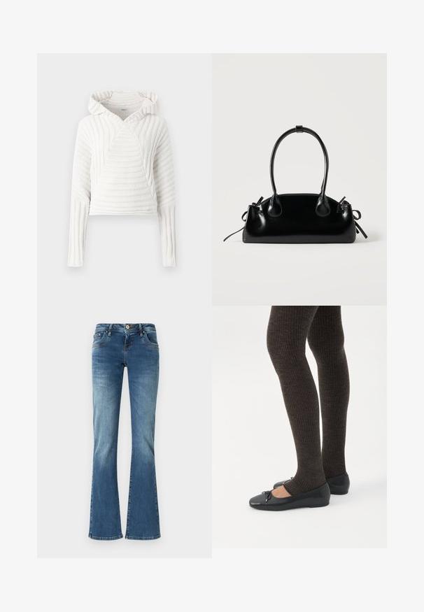 Witte gebreide hoodie met lange mouwen en ribbelpatroon, lichtjes opgevouwen bij de manchetten, weergegeven op een effen achtergrond.; Flared denim jeans in medium blue met contrasterende stiksels, vijf zakken en een klassieke knop- en ritssluiting.; Benen met donkere geribbelde leggings gecombineerd met zwarte ballerina's met kleine strikdetails op een witte achtergrond.; Kleine zwarte glanzende handtas met twee lange hengsels en zijkant trekkoord details op een effen lichte achtergrond.