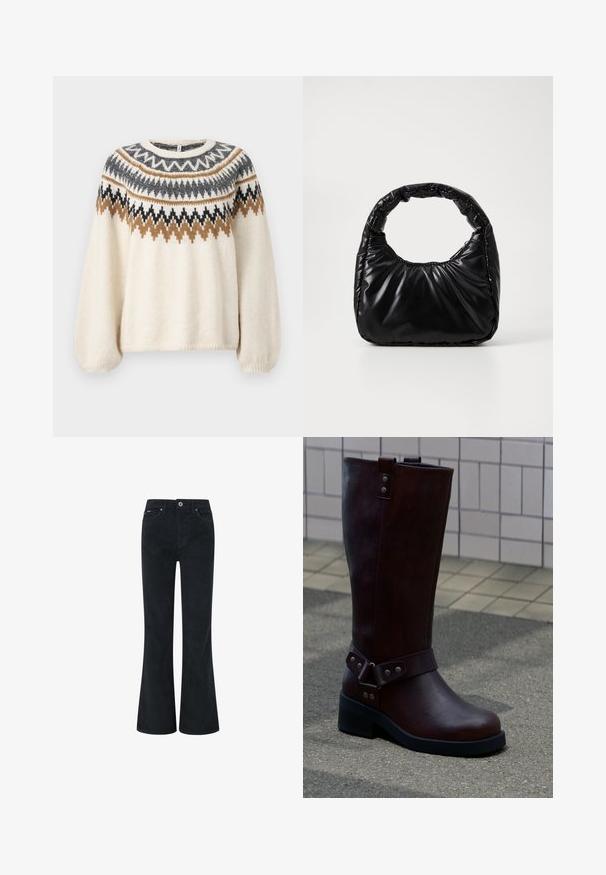 Cremfarbener Strickpullover mit Rundhalsausschnitt, der braune, schwarze und graue geometrische Zickzackmuster über die Schultern und den oberen Brustbereich aufweist.; Schwarze Corduroy-Bootcut-Hosen mit Knopf- und Reißverschluss, ausgestattet mit zwei vorderen Taschen und einer glatten Textur. Gerade Beinoptik.; Dunkelbrauner Lederstiefel bis zur Mitte der Wade mit schwarzer Sohle und silbernen Nieten, auf einem Außenpflaster in der Nähe einer gefliesten Wand platziert.; Schwarze gepolsterte Handtasche mit einem runden Griff, die eine glatte, glänzende Oberfläche und eine weiche, gestepfte Textur aufweist. Keine sichtbare Hardware oder Akzente.