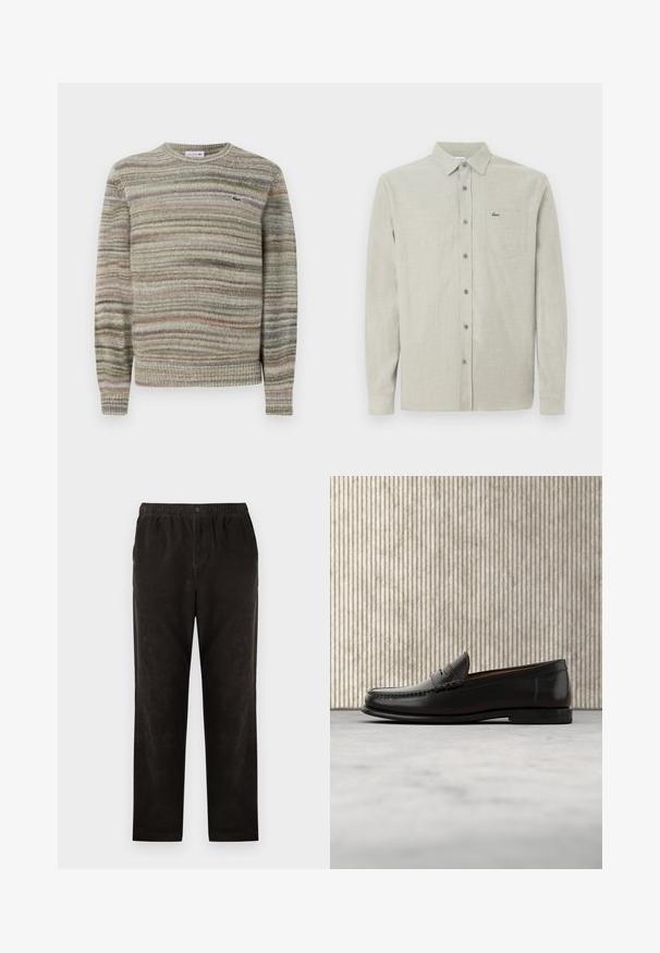 Suéter a rayas en tonos de gris, verde y rosa. Diseñado con cuello redondo, mangas largas y un tejido de punto texturizado. Presenta un pequeño logo.; Camisa de manga larga color beige claro, con botón y cuello, bolsillo en el pecho que presenta un pequeño logo de cocodrilo verde.; Pantalones de pana negra con un diseño de pierna recta, que presentan una cintura elástica y un cierre de un solo botón. Textura suave, detalles mínimos.; Mocasín penny de cuero negro con tacón bajo, punta redondeada y detalles cosidos en la parte delantera y los laterales, mostrado sobre un fondo neutro.