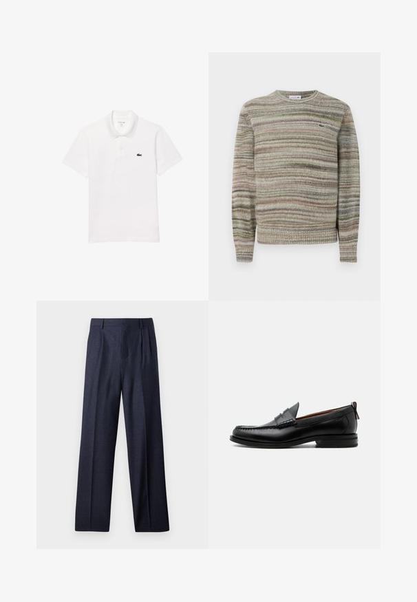 Suéter a rayas en tonos de gris, verde y rosa. Diseñado con cuello redondo, mangas largas y un tejido de punto texturizado. Presenta un pequeño logo.; Camisa polo blanca de algodón, con un cuello estándar, mangas cortas y un pequeño logo en azul marino en el lado izquierdo del pecho.; Pantalones de lana azul marino con un corte ajustado, que presentan un frente plisado y piernas anchas. Textura suave y líneas limpias, adecuados para ocasiones formales.; Mocasín de hombre de piel negra con costura moc toe, tira penny, cuello texturizado y tacón bajo apilado sobre fondo blanco.