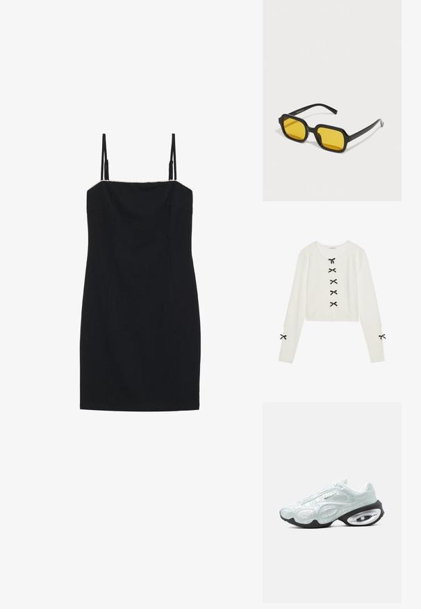 Even&Odd Neule - off-white; Mustapuku, jossa on ohuet olkaimet ja suora pääntie. Tässä on tiukka siluetti ja teksturoitu reunus pääntiellä.; Valkoinen ja vaaleanharmaa Nike-tennari, jossa on teksturoitu päällinen, musta pohja ja näkyvä ilmatyyny kantapäässä, esitetty sivuprofiilissa.; Mustat suorakulmaiset aurinkolasit, joissa on keltaiset linssit. Ominaisuuksiin kuuluvat paksut kehykset ja kulmikas muotoilu, jossa on sileä, kiiltävä pinta.