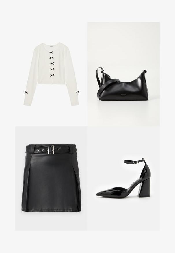 Even&Odd by Zalando Džemper - off-white; Mustast kunstnahast mini-seelik, millel on keha lähedane disain, külgmised voltid ja vöö hõbedase prongsi ja silmadega. Ühtlane tekstuur, kõrge talje.; Must mustakas nahkking kõrgendatud kontsaga king, millel on terav varvas, pahkluu rihm ja lai blokknokk stabiilsuse tagamiseks, silmapaistva läikiva tekstuuriga.; Mustmust nahkaga kott sileda tekstuuriga. Omab reguleeritavat rihma ja sujuvat, minimalistlikku disaini, millel on lukuga sulgemine.