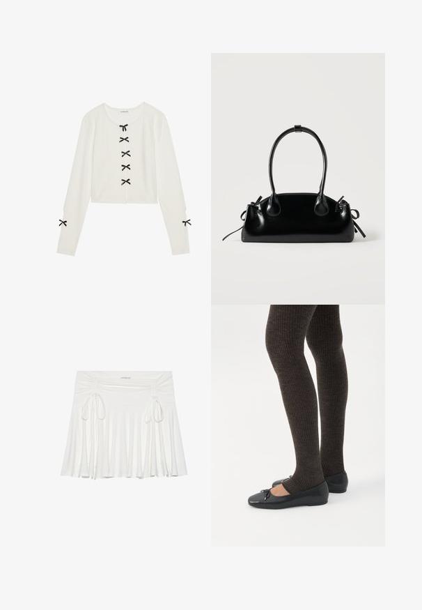 Even&Odd by Zalando Striktrøje - off-white; Hvid, flagrende nederdel lavet af blødt stof, med samlet sideløsninger og justerbare snore, der skaber en flydende silhuet.; Ben iført mørke ribbede leggings kombineret med sorte balletsko med små sløjfedetaljer på hvid baggrund.; Lille sort blank håndtaske med to lange håndtag og snøre-detaljer i siden på en ensfarvet lys baggrund.