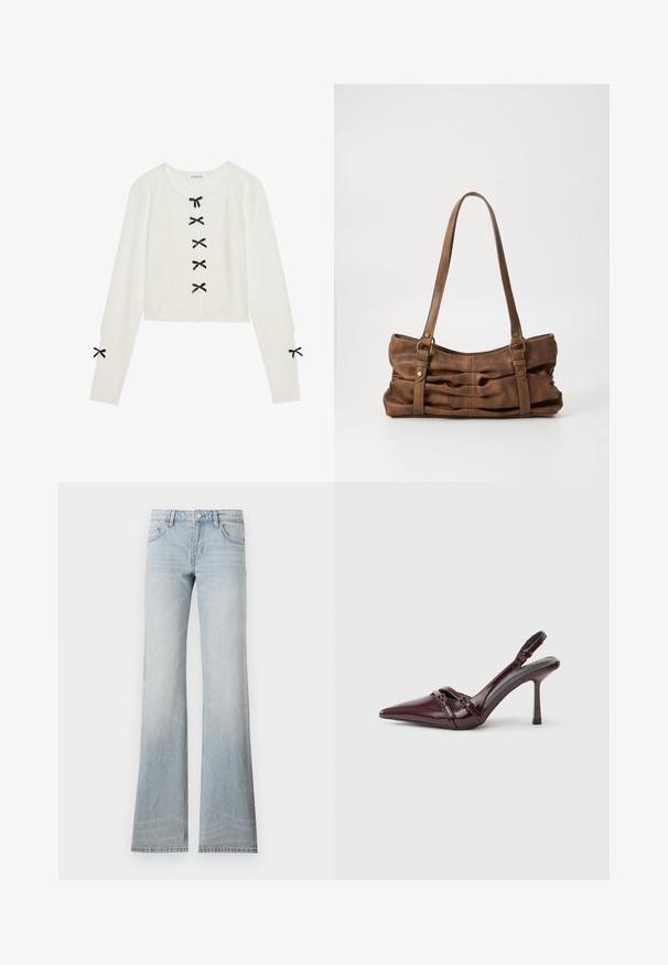 Even&Odd Striktrøje - off-white; Lyseblå denim flared jeans med en slidt finish, fem lommer og knaplukning. Stoffet har en glat tekstur og let stræk.; Bourgogne laklæder slingback-hæl med spids tå, tynd ankelrem og lille dekorativ spænde. Glat tekstur og høj hæl.; Even&Odd Håndtasker - brown