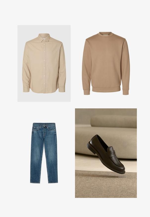 Beežika pika varrukaga ümara kaelusega dressipluus soonikkoes mansettide ja äärega, lihtsa disainiga, valgel taustal esitatud.; Selected Flannel - Pluus - pure cashmeredetail:mixed w. oatmeal; Sinised sirgete säärega teksapüksid ees nupu ja tõmblukuga, viie tasku disain ja vööaasad.; Üksik tumepruun nahast mokassiin hõljub beeži tekstuuriga vaiba kohal, taustal udune beež diivan.