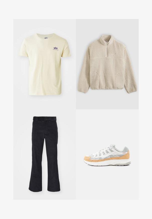 Suéter de forro polar beige con cuello con cremallera, superficie texturizada, bolsillos frontales y una costura horizontal a lo largo del pecho.; Camiseta de algodón amarillo claro con mangas cortas, cuello redondo y un pequeño logo púrpura en el lado izquierdo del pecho que presenta letras estilizadas y elementos de diseño.; Pantalones de pana negros con un corte relajado, que presentan una cinturilla clásica y piernas acampanadas, textura suave y sin patrones o acentos visibles.; Zapatillas blancas y grises con acentos en naranja claro, materiales de malla y cuero, con suela texturizada y patrón geométrico en los lados.