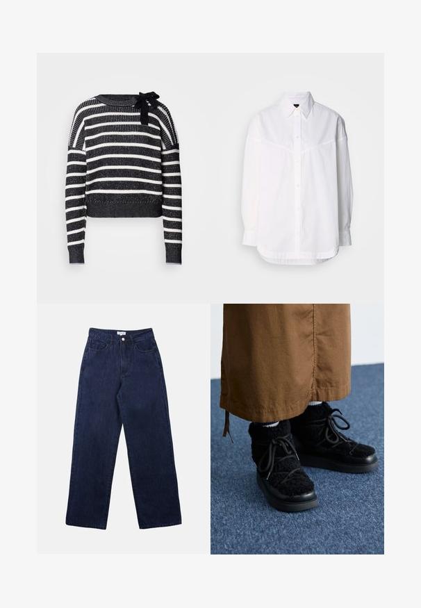 Scotch & Soda STRIPE TIE NECK - Džemper - sky captain; Valge pika varrukaga särk, mis on valmistatud puuvillast, funktsioonid nööbiga krae, eesmine nööpide rida ja lõdva lõikega koos peente õmblusdetailidega.; Tumedad sinimood džinsid sirge jala kujundusega, ees on nupuga kinnitamine, vööde augud ja kaks eesmist taskut.; Mustad fliisidega mustad spordijalatsid platvormi tallaga, millel on nöörid, pehme tekstuur ja ümar varvas. Kombineeritud pruuni kangaga all.