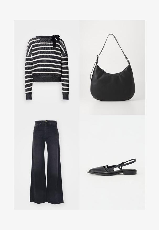 Scotch & Soda STRIPE TIE NECK - Pullover - sky captain; Jean noir taille haute à jambes larges, avec bouton et fermeture éclair à l'avant, et style cinq poches.; Chaussure noire en cuir à bride arrière avec un bout pointu, un petit Talon, un design ajouré et un détail décoratif de boucle circulaire.; Sac hobo noir en matériau lisse et durable. Comprend une seule sangle réglable et un logo embossé subtil à l'avant.