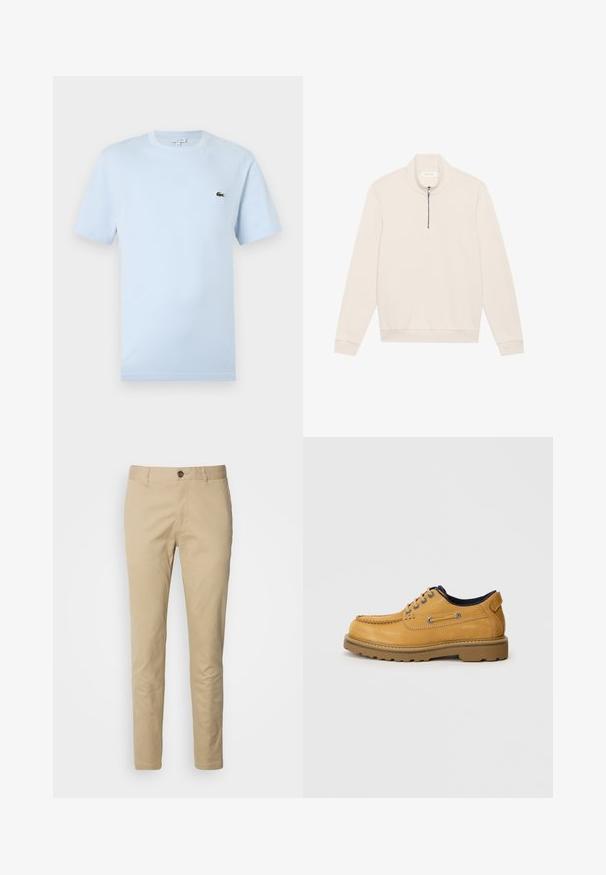 Lys beige pullover sweatshirt med høj krave, kvart-zip lukning, ribbede manchetter og kant, lavet af et blødt, struktureret stof.; Lyseblå kortærmet T-shirt lavet af blødt bomuldsstof. Har et lille grønt broderet krokodille-logo på brystet.; Beige chinos med knappelukning, slim fit og glat bomuldsstof. Har syningsdetaljer og standard fem-lomme design.; Mænds tan læder snøresko med mokkasintå og polstret krave, med tykk gummisål, vist fra siden på en ensfarvet baggrund.