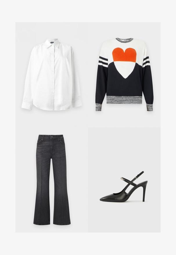 Pull à manches longues blanc et noir avec un motif de cœur orange et blanc sur le devant, manches rayées, et poignets et ourlet chinés.; Chemise blanche à manches longues avec col pointu, boutonnée, présentée à plat sur un fond blanc uni.; Jean noir évasé avec une taille haute, doté de poches avant et de surpiqûres contrastantes le long des coutures, fabriqué en tissu denim.; Escarpins slingback en cuir noir avec bout pointu, design ajouré et bride ajustable ornée de ferrures métalliques.