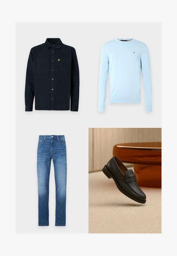 Lyseblå langærmet sweater med rund hals og ribbede manchetter og kant, der har et lille rødt, hvidt og marineblåt Tommy Hilfiger-logo på brystet.; Mørkeblå kordfløjlsskjorte med knaplukning, to brystlommer og et lille gult logo på venstre lomme.; Blå denimjeans med lige snit, fem lommer, falmet vask og lukning med metalknap i taljen. Bomuldsmateriale, glat tekstur.; Sort læder herreloafer med bånd tværs over toppen, vist på beige tæppe nær et brunt moderne rundt bord.