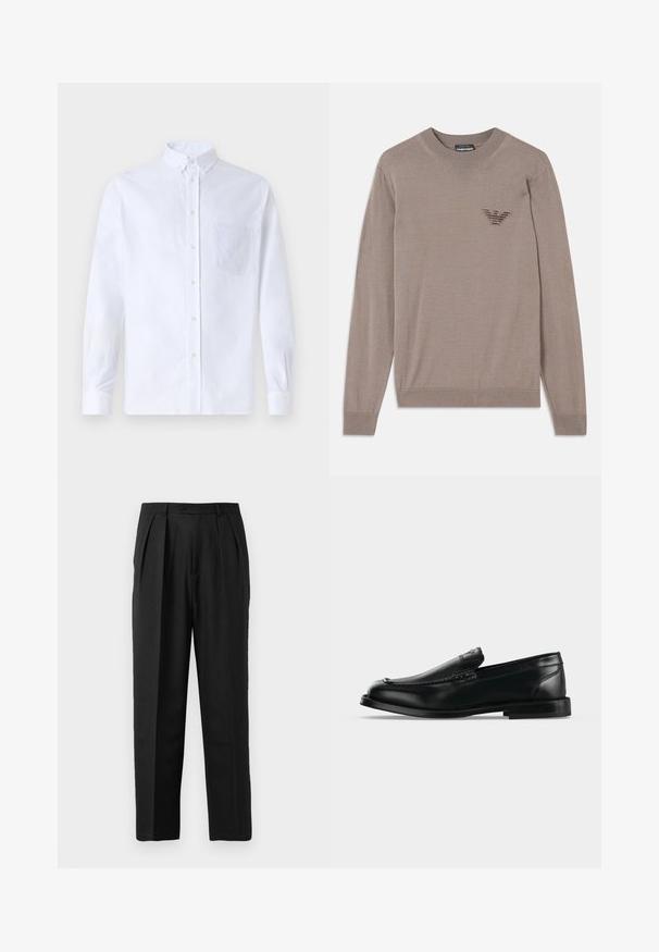 Beige Pullover mit langen Ärmeln, rundem Ausschnitt, geripptem Saum und einem gestickten Logo im Brustbereich. Hergestellt aus einem weichen, leichten Stoff.; Weißes Langarm-Hemd mit Knöpfen aus Baumwolle, ausgestattet mit einer Brusttasche mit tonalem Stickerei, einem Kragen und Knopfmanschetten.; Schwarze, plissierte Hose mit maßgeschneidertem Design, aus glattem Stoff gefertigt, mit Knopfverschluss und geradem Schnitt.; Schwarzer Leder-Loafer mit niedrigem Absatz, abgerundeter Zehenform und Ziernähten entlang des oberen Randes.