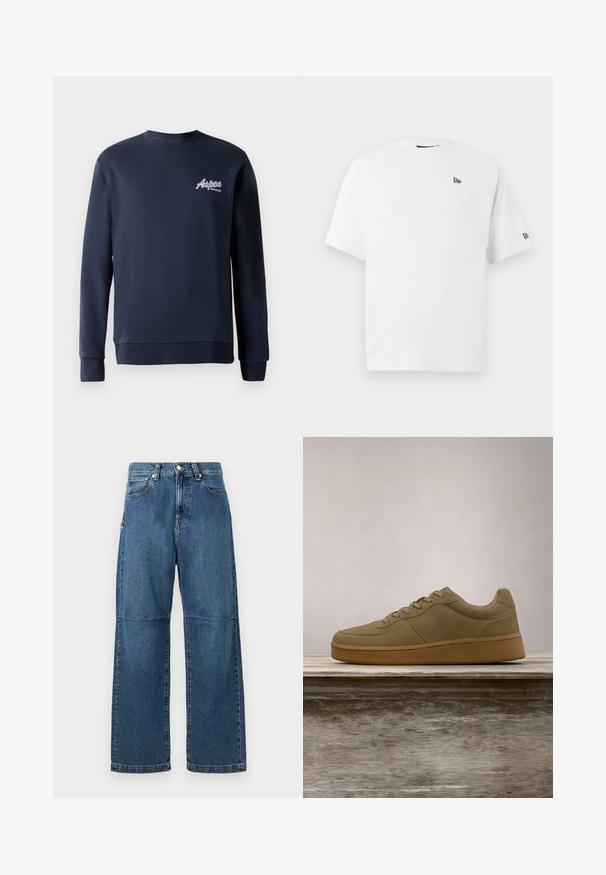 Mørkeblå sweatshirt lavet af en bomuldsblanding, med lange ærmer, rund halsudskæring og lysfarvet "Aspen" logo på brystet.; Hvid bomulds t-shirt med korte ærmer, rund hals og et lille sort logo på venstre bryst og højre ærme.; Blå denim jeans med afslappet pasform, lige ben, synlige sømme og lukkes med en knap foran. Har en sidelomme med accent.; Olivengrøn sneaker med snørebånd, der svæver over en træbænk, med sløret grønt løv i baggrunden.