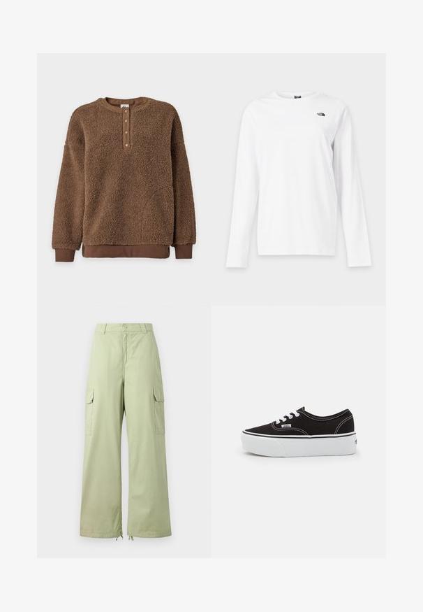 Bruine fleece pullover met lange mouwen, een ronde hals, vier drukknoopsluitingen aan de voorkant en geribde boorden en zoom.; Wit shirt met lange mouwen en ronde hals met klein zwart The North Face-logo op de linkerborst.; Lichtgroene cargobroek met wijde pijpen, gemaakt van katoen. Bevat twee zijzakken en een knoopsluiting. Soepele textuur en casual ontwerp.; Zwarte canvas sneaker met een witte rubberen platformzool, voorzien van witte veters en stiksels, iconische branding op de zijkant, low-top ontwerp.