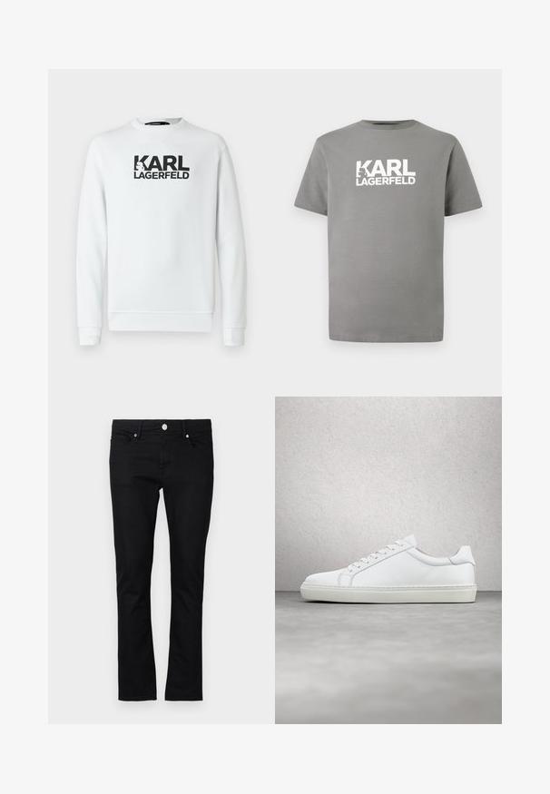 Sudadera blanca con mangas largas, puños y dobladillo acanalados. Presenta un gran logo impreso en negro "KARL LAGERFELD" en el frontal.; Camiseta de algodón gris con cuello redondo, mangas cortas y un texto de logo blanco audaz "KARL LAGERFELD" en el frente.; Jeans de mezclilla negra con un corte ajustado, diseño de pierna recta, estilo de cinco bolsillos y cierre de botón metálico, con detalles de costura mínimos.; Zapatilla blanca con parte superior de cuero liso y perfil bajo. Presenta una puntera redondeada, seis ojales y una suela de goma texturizada.