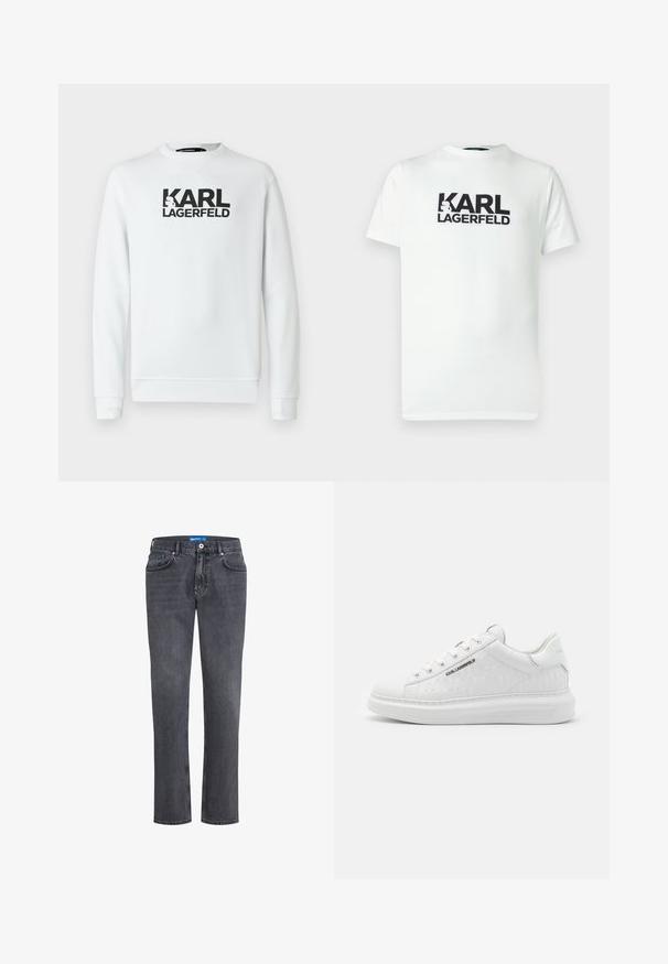 Hvid sweatshirt med lange ærmer, ribstrikkede ærmeender og linning. Har et stort sort trykt logo "KARL LAGERFELD" på forsiden.; Hvid bomulds-T-shirt med stort sort grafisk print, hvor der står "KARL LAGERFELD." Rund halsudskæring og korte ærmer. Glat tekstur.; Mørkegrå denimjeans med lige ben-design, fem lommer og en blå etikette på taljen. Har en klassisk knap- og lynlåslukning.; Hvide sneakers lavet af glat læder med prægede mønstre. Har rund tå, snørebånd foran og struktureret sål. Sølvlogo detalje på siden.