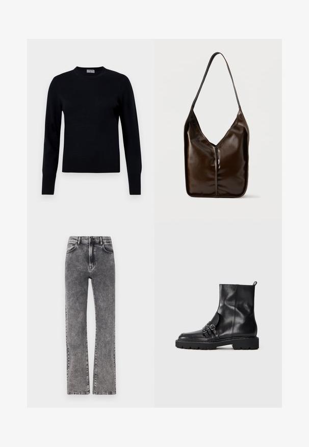 Suéter negro de punto con cuello redondo y mangas largas. Presenta una textura suave y puños acanalados, ofreciendo un ajuste y diseño clásico.; Jeans de denim gris de talle alto con un diseño de pierna recta, que presentan un ligero efecto de desgaste y un estilo de cinco bolsillos estándar.; Botas de tobillo de cuero negro con un acabado suave, que presentan tres detalles de hebilla en el costado y una suela robusta y texturizada.; Bolso de cuero sintético marrón, suave, con una abertura en forma de V y una sola correa ancha. Presenta un diseño minimalista y sin herrajes visibles.