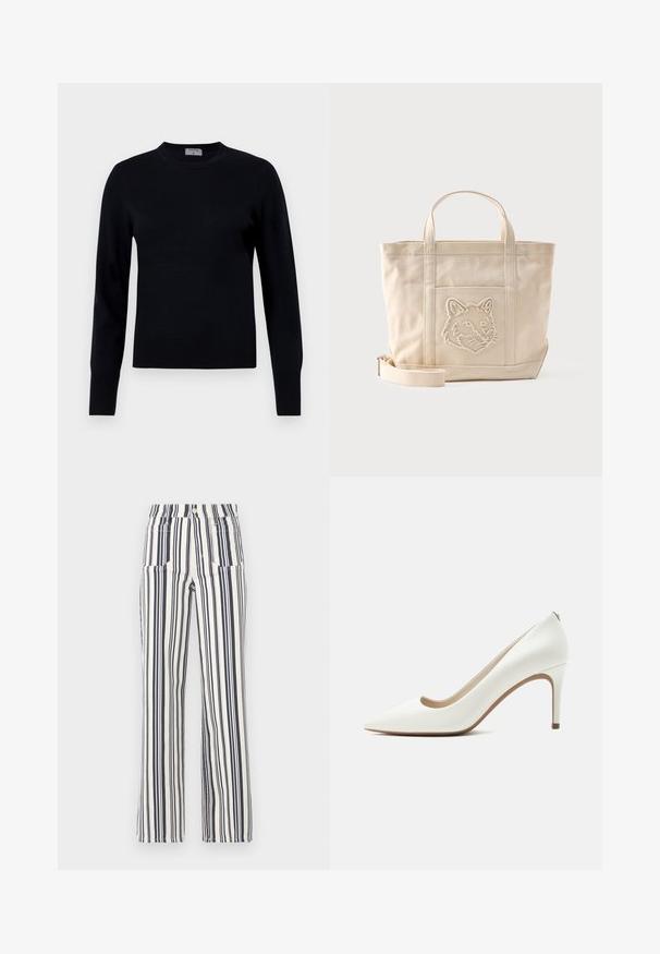 Pull en tricot noir avec un col rond et des manches longues. Présente une texture lisse et des poignets côtelés, offrant une coupe et un design classiques.; Pantalon rayé en bleu marine et blanc, présentant une taille haute et des jambes larges, fabriqué dans un tissu léger avec une texture douce.; Escarpin blanc en cuir à bout pointu avec talon aiguilles fin et haut, finition lisse, vu de profil sur fond clair uni.; Sac fourre-tout en toile beige avec deux anses, une bandoulière amovible et une tête de loup brodée sur la poche avant.