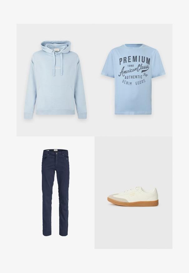 Sweat à capuche bleu clair avec poche kangourou à l’avant, capuche avec cordon de serrage réglable, poignets et ourlet côtelés, et texte blanc discret sur la poitrine.; T-shirt en coton bleu clair avec un motif imprimé en bleu foncé, portant les inscriptions « Premium American Classic » et « Denim Goods ». Design à manches courtes.; Pantalon homme bleu marine slim fit avec cinq poches, fermeture par boutons et passants pour ceinture, présenté sur fond blanc.; Baskets en cuir blanc avec une coque beige et une semelle en caoutchouc marron clair. Dotées de lacets blancs plats et d'un logo embossé sur le côté.