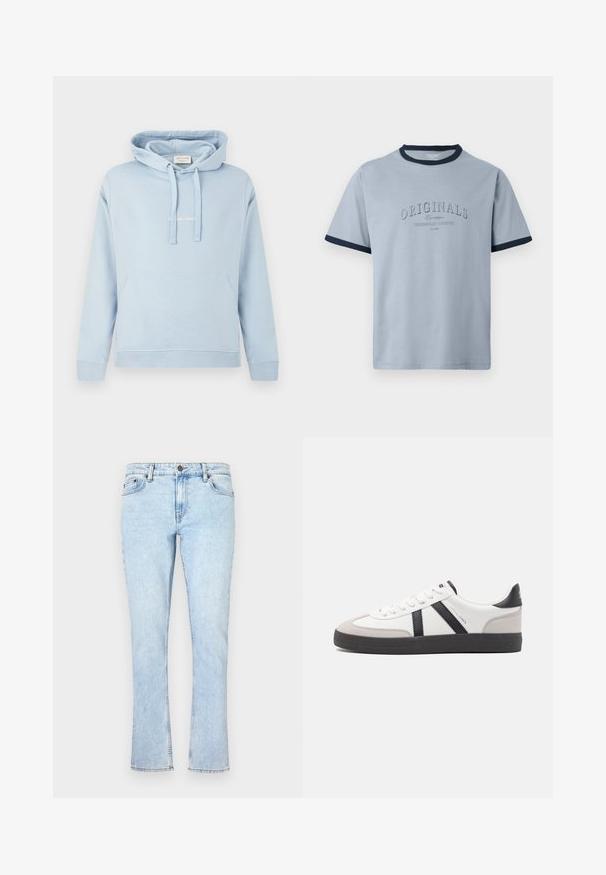 Lichtblauwe hoodie met voorzak (kangoeroezak), verstelbare koordsluiting aan de kap, geribde boorden en zoom, en subtiele witte tekst op de borst.; Lichtblauw katoenen T-shirt met een navy geribbelde kraag en mouwen. Heeft verhoogde tekst "ORIGINALS" en "CONTEMPORARY AESTHETICS" in een subtiel ontwerp.; Lichtblauwe denim jeans met een rechte pijp, voorzien van een knoopsluiting, vijf zakken en subtiele vervaging voor textuur.; Witte sneaker met zwarte en grijze accenten, voorzien van een grijze neus met textuur, zwarte rubberen zool en platte witte veters. Schoon ontwerp, minimalistische stijl.
