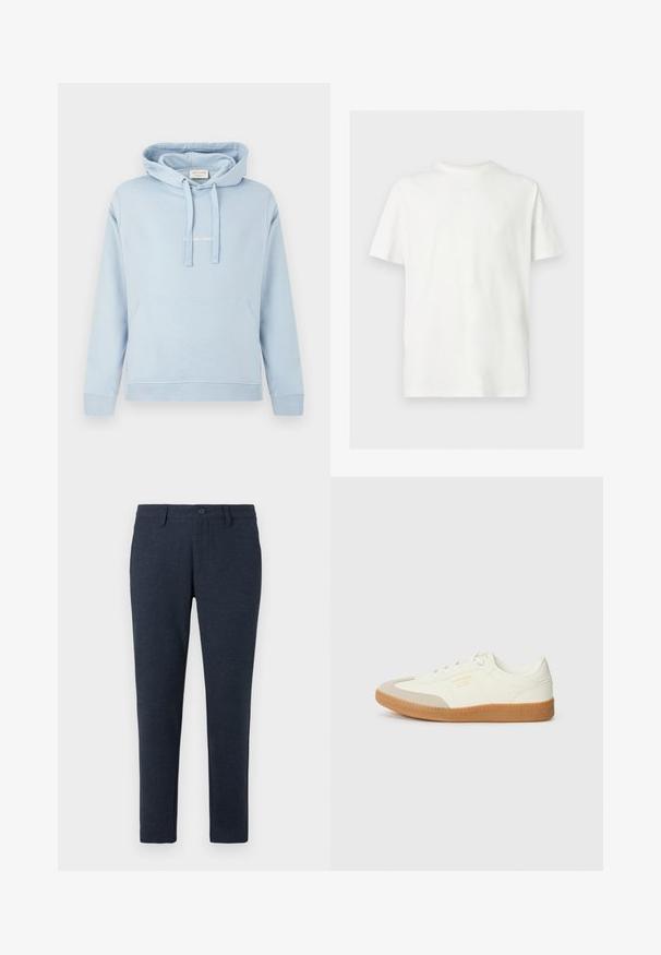 Sudadera con capucha azul claro con bolsillo canguro delantero, capucha con cordón ajustable, puños y bajo acanalados, y texto blanco sutil en el pecho.; Camiseta blanca de manga corta con cuello redondo y ajuste relajado sobre un fondo claro y liso.; Pantalones oscuros de corte slim de color azul marino con pasadores para cinturón, botón frontal y bolsillos delanteros, exhibidos sobre un fondo blanco.; Zapatilla de cuero blanca con puntera beige y suela de goma marrón claro. Presenta cordones planos blancos y una marca en relieve en el lateral.