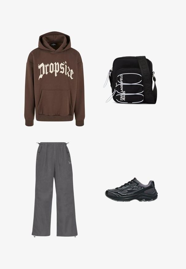 Dropsize HEAVY V2 PUFFER PRINT - Huppari - chocolatebrown; Harmaat, leveälahkeat housut pehmeästä kankaasta. Varustettu joustavalla vyötäröllä, sivutaskuilla ja vetoketjullisilla lahkeilla. Yksinkertainen muotoilu vähäisellä yksityiskohdalla.; Musta urheilukengä, jossa verkkopaneelit, kumipohja, nauhakiinnitys ja heijastavat yksityiskohdat. Kaareva muoto ja teksturoidut päällysteet.; Musta olka-/ristilaukku, jossa valkoiset joustavat lenkit, vetoketjun vetimet ja valkoinen "KARL LAGERFELD JEANS" -teksti etutaskussa.