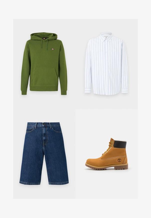 Green hoodie made of soft fabric, featuring a kangaroo pocket and drawstring hood. Includes a small logo on the chest.; Light blue and white striped long-sleeve shirt, button-down collar, cotton fabric, features small logo on the chest, straight cut.; Dark blue denim knee-length shorts with front button, zipper, belt loops, two front pockets, and visible orange stitching.; Brown leather ankle boot with metal eyelets, white fur lining, black padded collar, rugged sole, and embossed logo on the side.