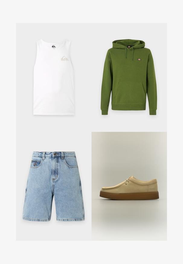 Sweat à capuche vert en tissu doux, avec une poche kangourou et une capuche à cordon. Comprend un petit logo sur la poitrine.; Débardeur blanc sans manches avec un petit logo Quiksilver gris et beige sur le côté gauche de la poitrine et une étiquette à l'intérieur de l'encolure.; Short en denim bleu clair avec passants de ceinture, bouton frontal, fermeture éclair, cinq poches et petite broderie de fleurs noires et blanches sur la poche avant.; Chaussure décontractée beige avec lacets à l’avant et semelle épaisse marron, vue de côté sur un fond neutre uni.